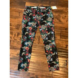 Pilcro Anthropologie Floral Black Denim Mid-Rise Skinny Jeans, Size 27